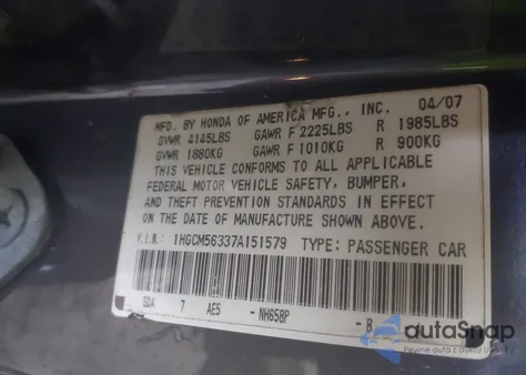 2007 Honda Accord 2.4 Se из США, поврежденный, VIN 1HGCM56337A151579